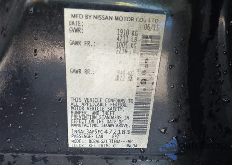 2015 Nissan Altima 2.5 S из США, поврежденный, VIN 1N4AL3AP5FC472183